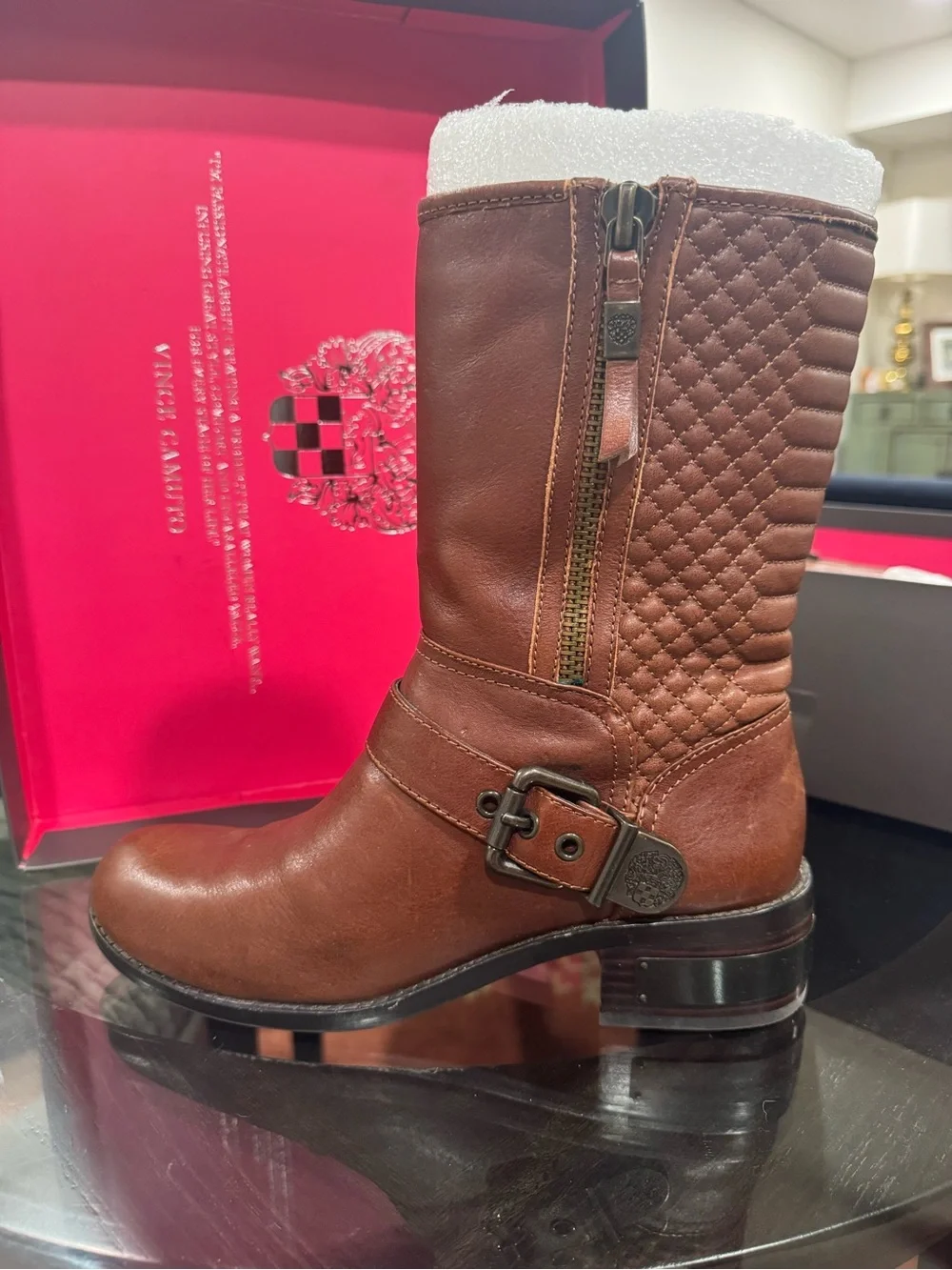 Vince Camuto Tan Leather Ankle Boots with Buckle Detail